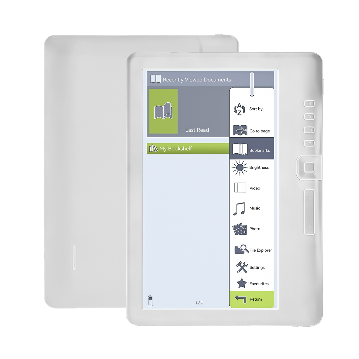 Klarity Portable Ebook Readers with a user interface on the screen, showing various application icons.