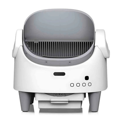White and gray Plianx Automatic Self-Cleaning Cat Litter Box on a white background