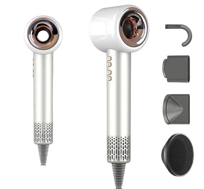 White SaharaCurl Smart Ionic Hair Dryer with multiple attachments on a white background