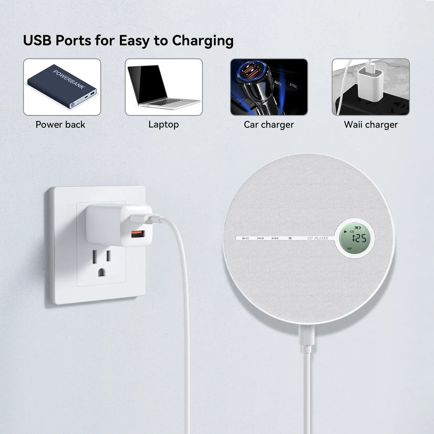 White Valis Portable CD Player with digital display connected to a power outlet, surrounded by icons of different charging devices.