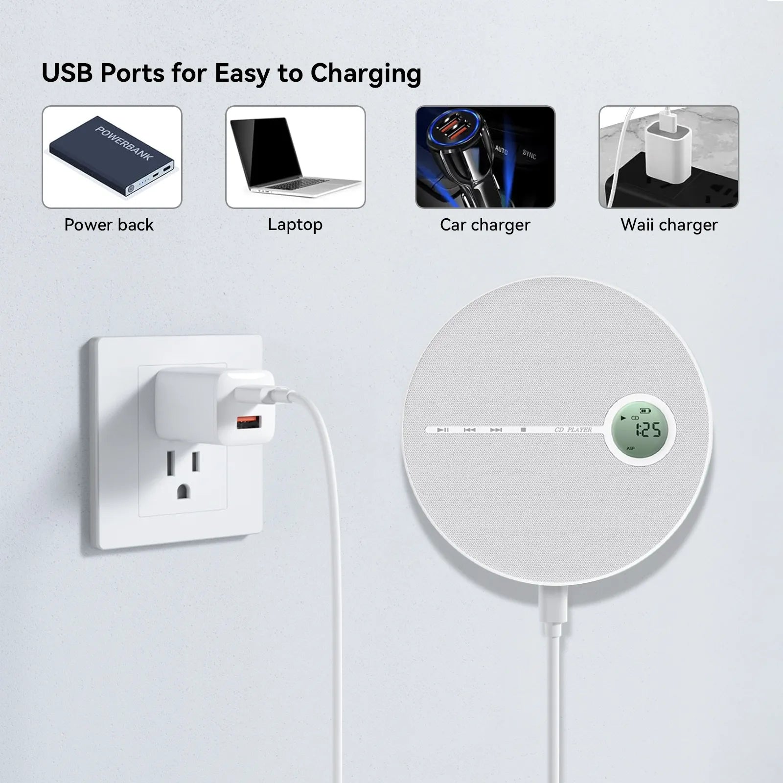 White Valis Portable CD Player with digital display connected to a power outlet, surrounded by icons of different charging devices.