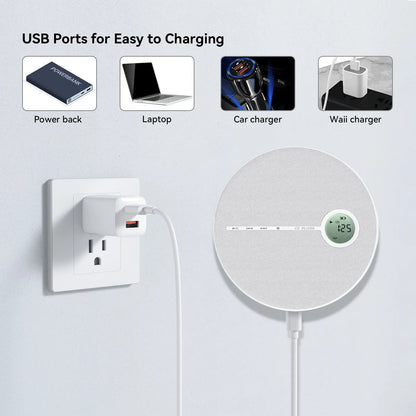 White Valis Portable CD Player with digital display connected to a power outlet, surrounded by icons of different charging devices.