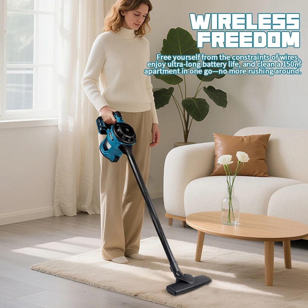 Woman using a BloTixo Wet & Dry Vacuum in a living room with text about wireless freedom.