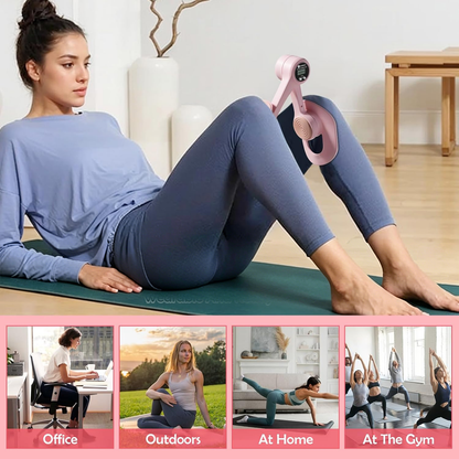 Woman using a Swiftgrid Pelvic Floor Exercise Device on a mat with lifestyle images of people exercising in different settings below.