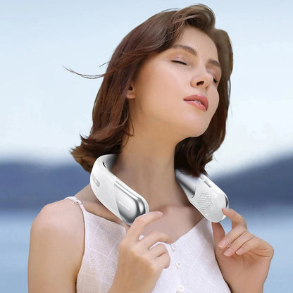 Woman wearing a white AuraIcyy Neck Fan against a blurred natural background