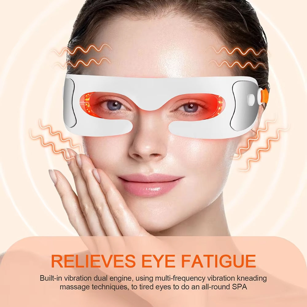 Woman wearing an Eyviola Eye Massager with text on a beige background