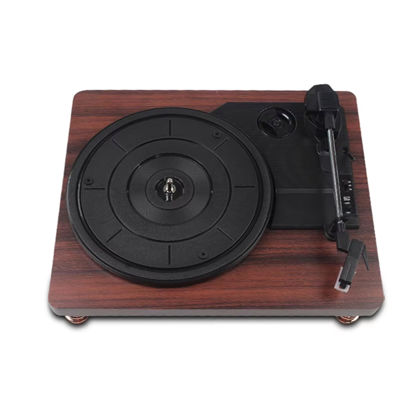 Wooden MelooDisc Record Player with black platter on a white background