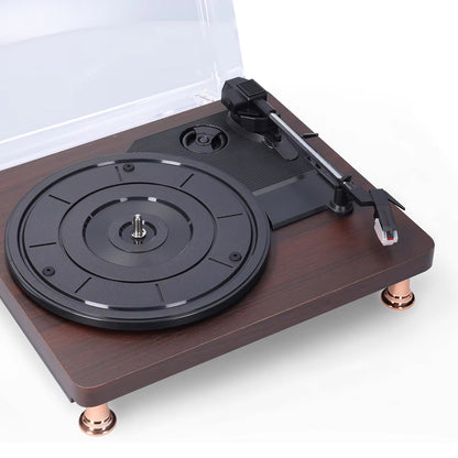 Wooden MelooDisc Record Player with black platter on a white background