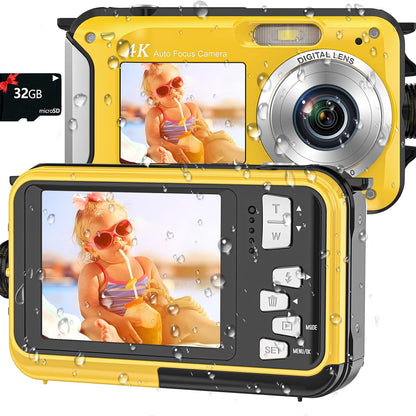 Yellow underwater AquanPixel Camera with dual screens and 32GB microSD card on a white background